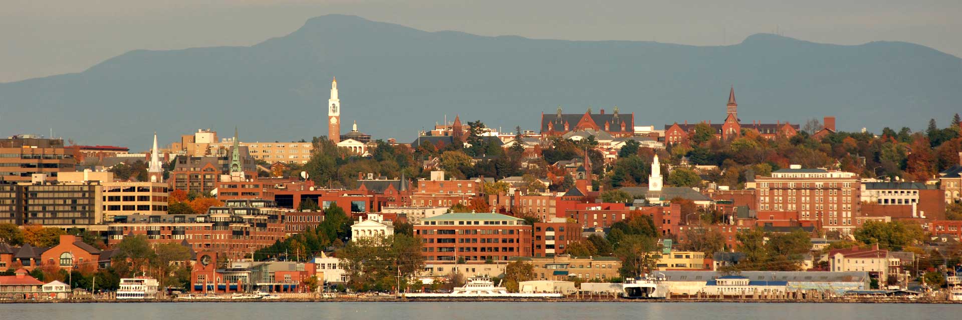 Burlington, Vermont waterfront with mountains in the distance